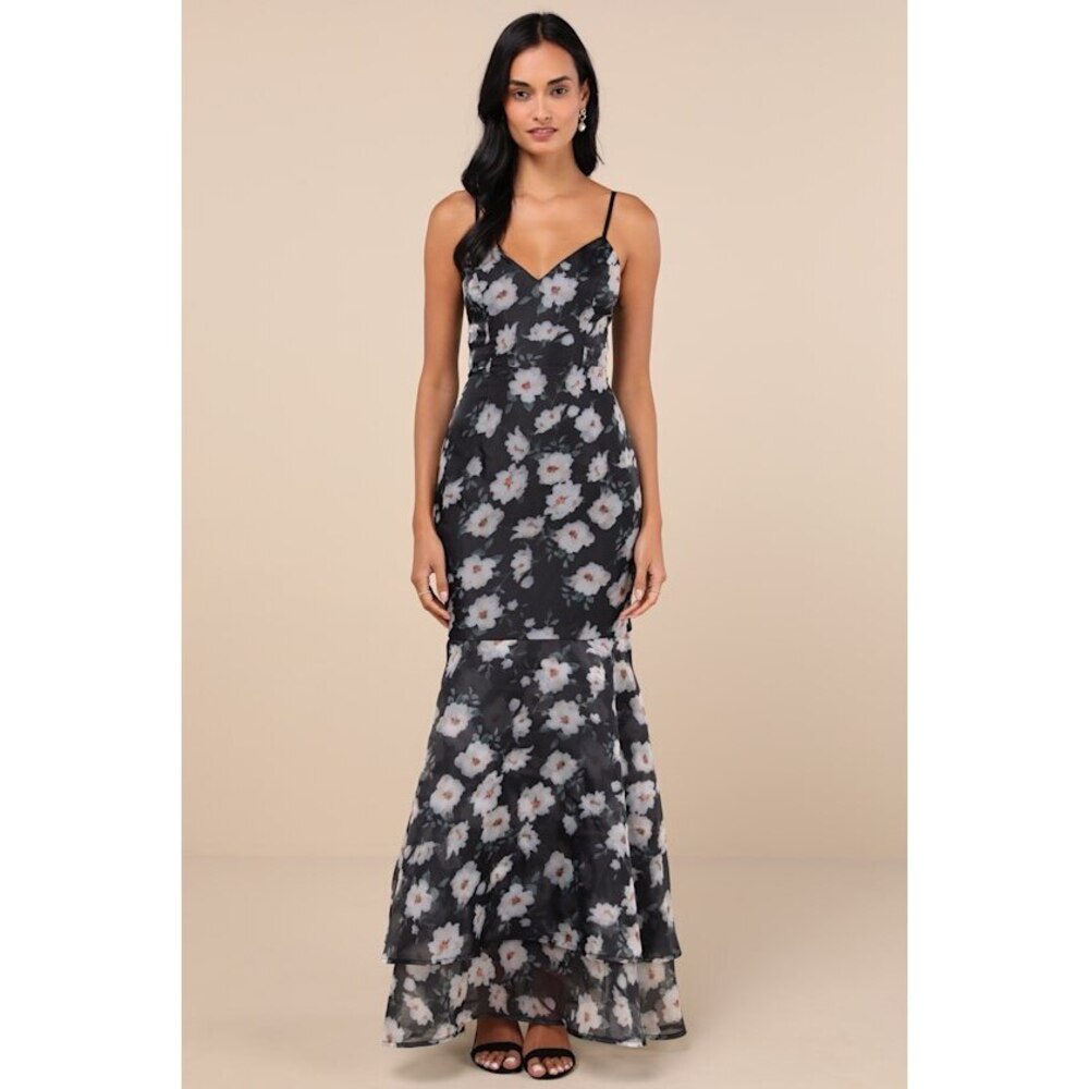 Lulus Pure Splendor Black Floral Organza Trumpet Maxi Dress - Size M